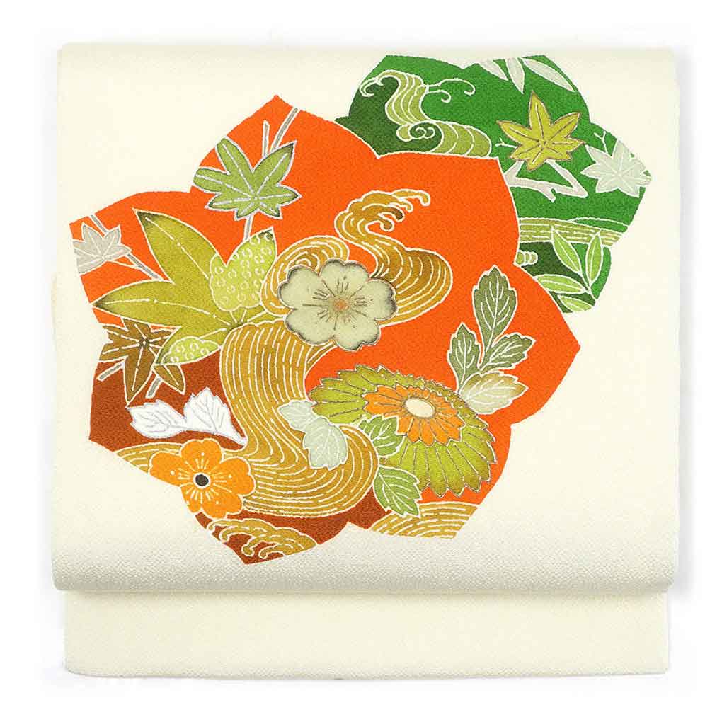 【中古】名古屋帯 リサイクル着物 幅31cm 長さ350cm レディース 四季の花柄 秋冬春用 正絹（シルク）黄色地 美品 リメイク リユース
