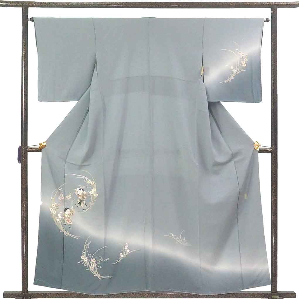 【中古】訪問着 リサイクル着物 身丈158cm 裄丈64cm 前幅24cm 後幅30cm 袖丈49cm 袖幅33cm レディース 袷 童 裄Mサイズ 秋冬春用 正絹（シルク）ブルー 未使用品 リメイク リユース