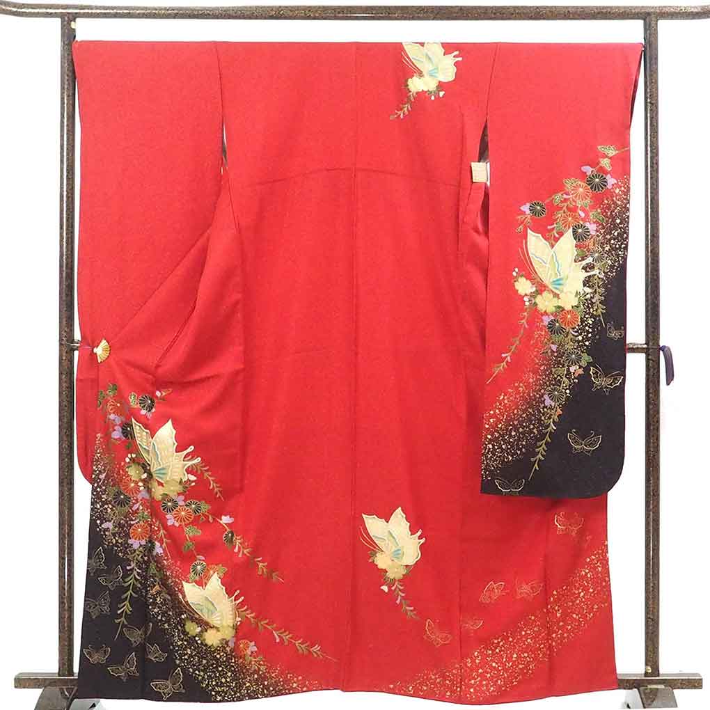 【中古】振袖 リサイクル着物 身丈164cm 裄丈69cm 前幅23cm 後幅29.5cm 袖丈110cm 袖幅34cm レディース 袷 蝶柄 裄長 裄L-LLサイズ 秋冬春用 正絹（シルク）レッド トールサイズ 美品 リメイク リユース｜リサイクル着物 呉服のきくや