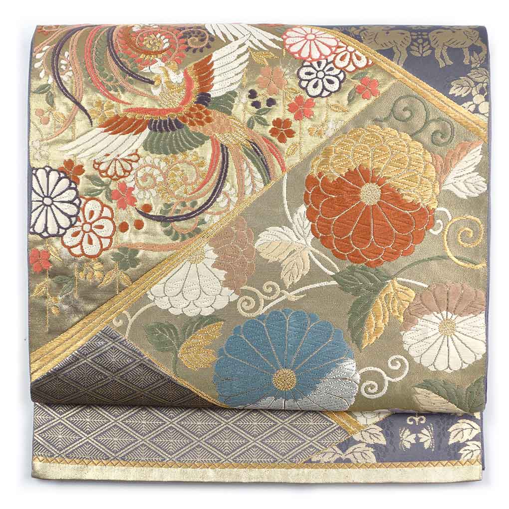 【中古】袋帯 リサイクル帯 幅31cm 長さ430cm レディース 花柄 秋冬春用 正絹（シルク）ゴールド 美品 リメイク リユース｜リサイクル着物 呉服のきくや