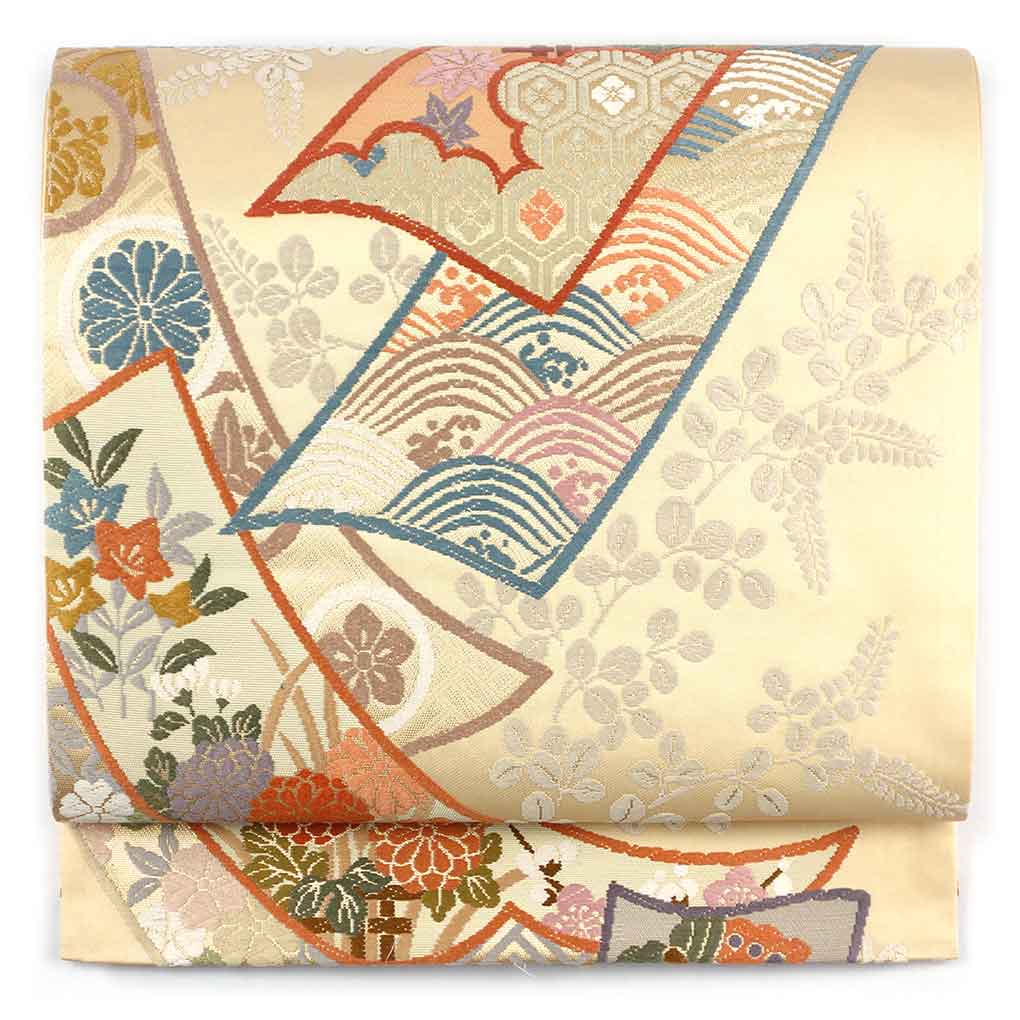 【中古】袋帯 リサイクル帯 幅30.5cm 長さ435cm レディース 花柄 秋冬春用 正絹（シルク）ベージュ 美品 リメイク リユース｜リサイクル着物 呉服のきくや