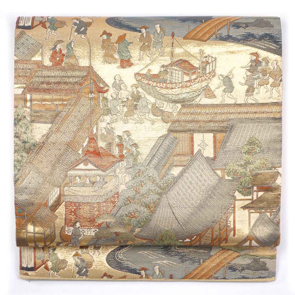 【中古】袋帯 リサイクル帯 幅31cm 長さ440cm レディース 祇園祭 秋冬春用 正絹（シルク）ゴールド 美品 リメイク リユース