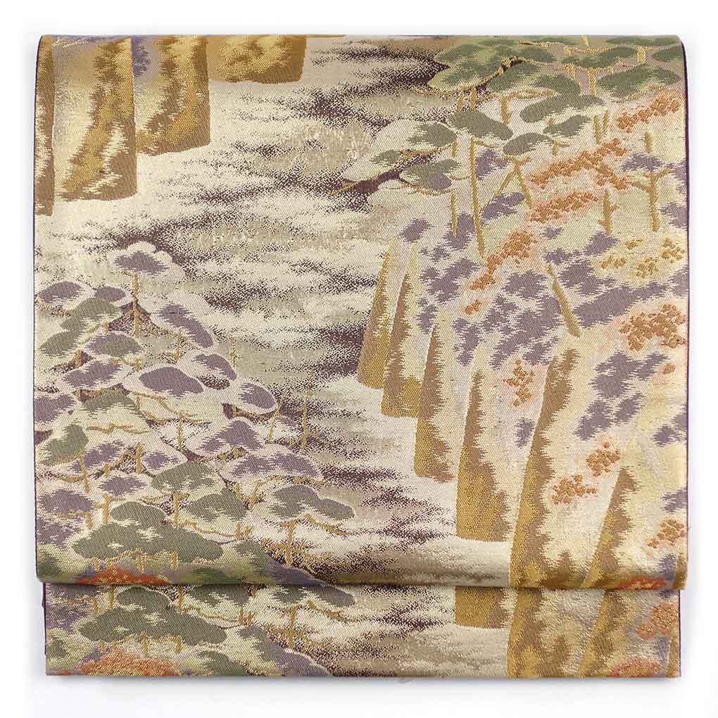 【中古】袋帯 リサイクル帯 幅30.5cm 長さ429cm レディース 風景画 秋冬春用 正絹（シルク）ゴールド 未使用品 リメイク リユース