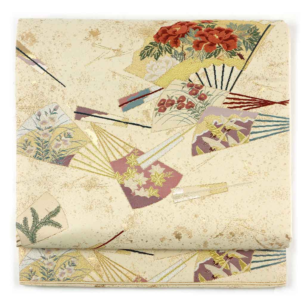 【中古】袋帯 リサイクル帯 幅30.5cm 長さ427cm レディース 扇面 秋冬春用 正絹（シルク）ベージュ やや難 リメイク リユース