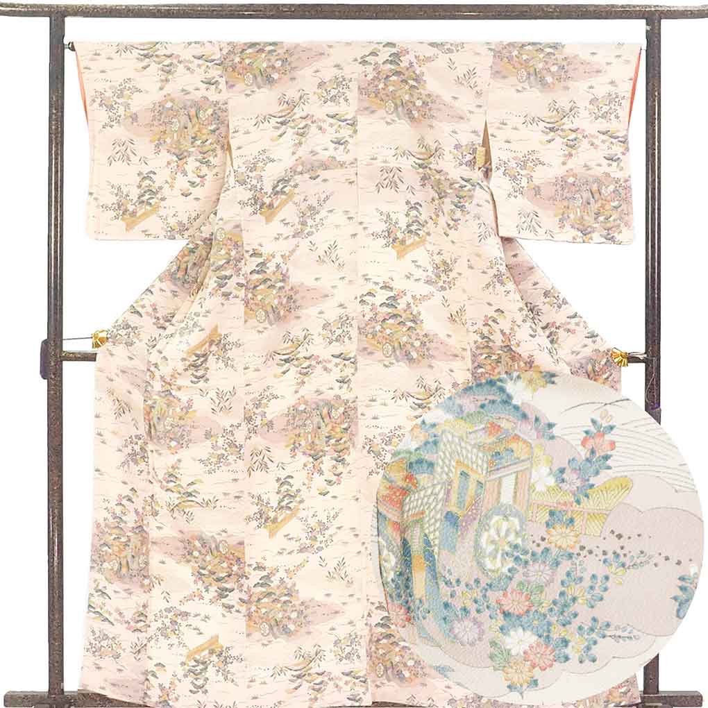 【中古】小紋 リサイクル着物 身丈163cm 裄66cm 前幅25cm 後幅30.5cm 袖丈49cm 袖幅33cm レディース 袷 御所車 裄長 裄M-Lサイズ 秋冬春用 正絹(シルク)ピンク 未使用品 リメイク リユース|リサイクル着物 呉服のきくや
