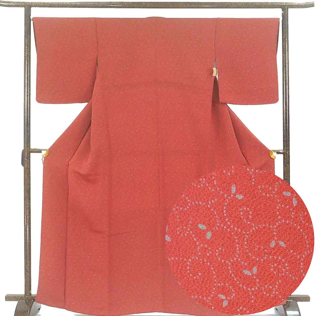 【中古】小紋 リサイクル着物 身丈167cm 裄66cm 前幅24cm 後幅31cm 袖丈49cm 袖幅33cm レディース 袷 花柄 裄長 裄M-Lサイズ 秋冬春用 正絹（シルク）レッド トールサイズ 美品 リメイク リユース