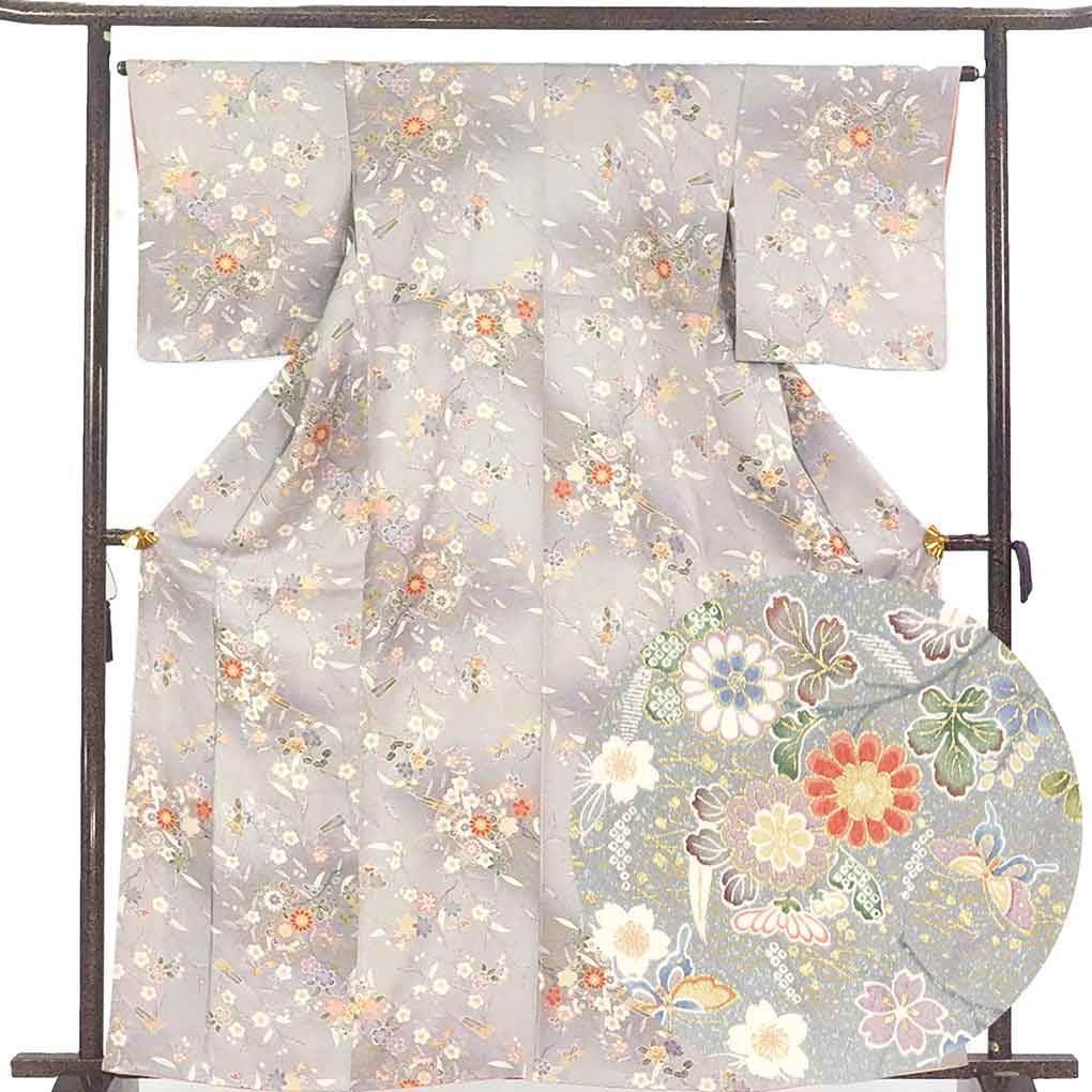 【中古】小紋 リサイクル着物 身丈163cm 裄65cm 前幅24cm 後幅30cm 袖丈49cm 袖幅33cm レディース 袷 花柄 裄Mサイズ 秋冬春用 正絹（シルク）グレー 美品 リメイク リユース