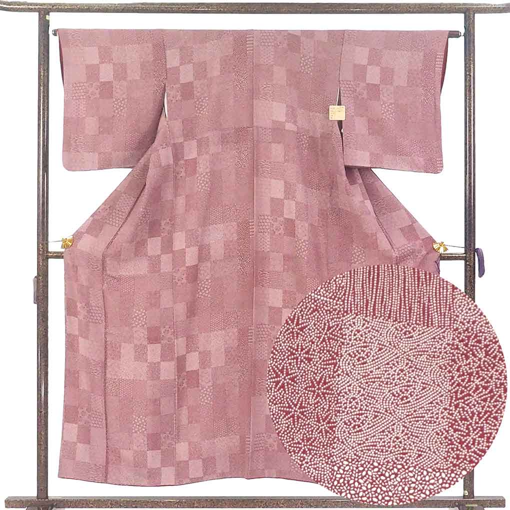 【中古】小紋 リサイクル着物 身丈154cm 裄63cm 前幅24cm 後幅29cm 袖丈48cm 袖幅33cm レディース 袷 江戸小紋 裄Mサイズ 秋冬春用 正絹（シルク）パープル 美品 リメイク リユース
