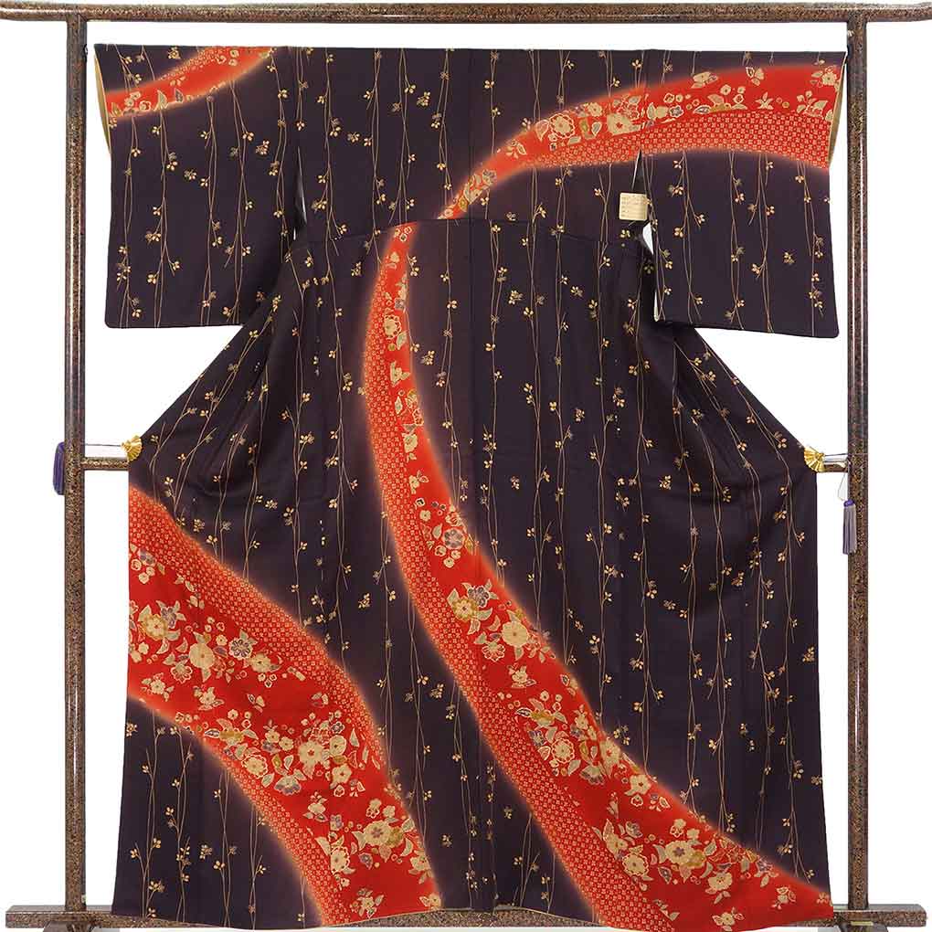 【中古】訪問着 リサイクル着物 身丈162cm 裄67cm 前幅25cm 後幅30cm 袖丈53cm 袖幅34cm レディース 袷 花柄 裄長 裄Lサイズ 秋冬春用 正絹（シルク）ブラウン 美品 リメイク リユース｜リサイクル着物 呉服のきくや