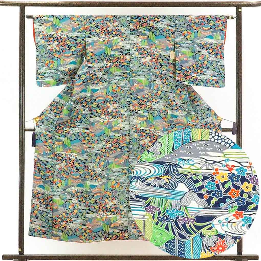 【中古】小紋 リサイクル着物 身丈152cm 裄63cm 前幅22.5cm 後幅28.5cm 袖丈49cm 正絹（シルク） レディース 袷仕立 秋冬春用 紺地 裄Mサイズ 未使用品 リユース