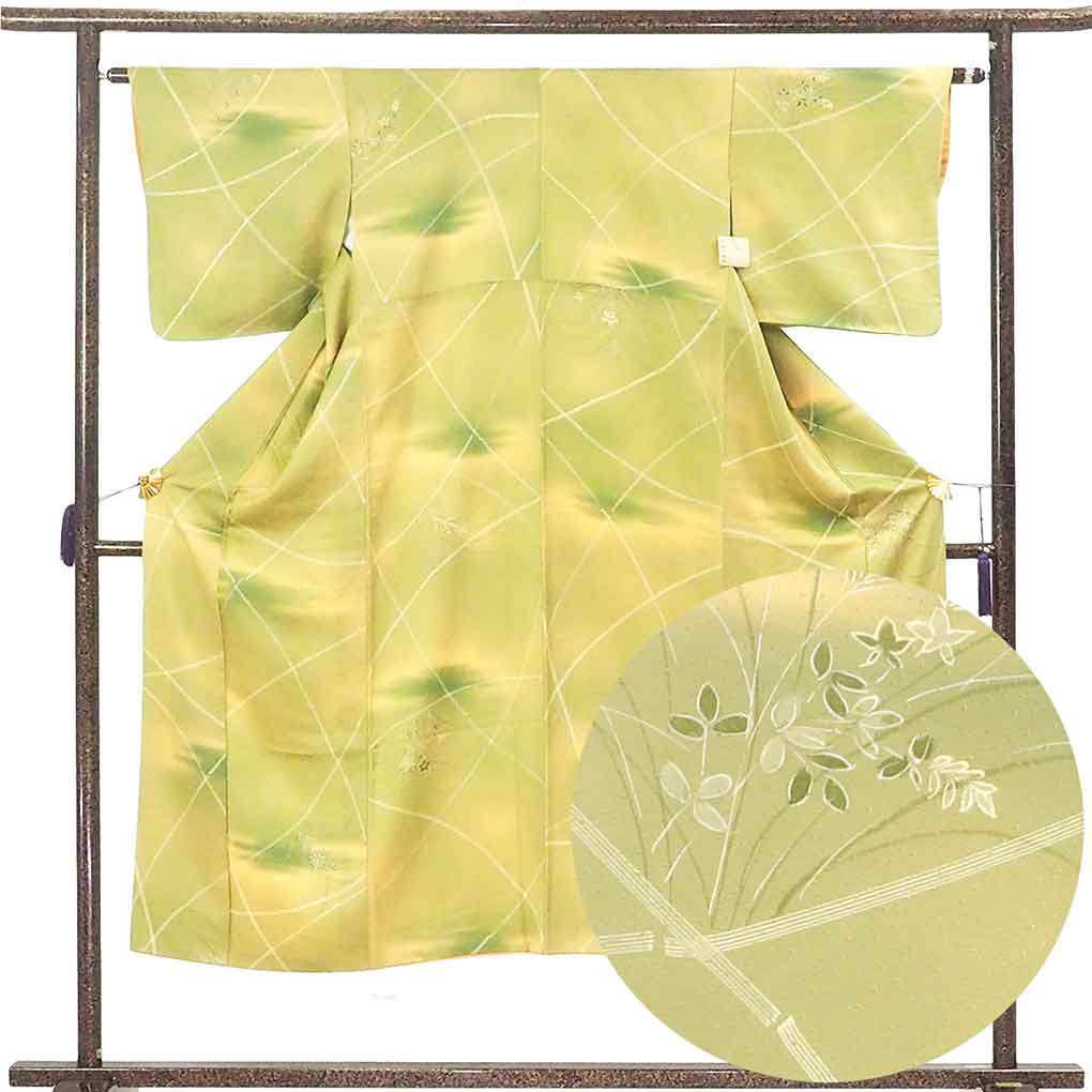 【中古】小紋 リサイクル着物 身丈145cm 裄63cm 前幅22.5cm 後幅30cm 袖丈44cm 袖幅32.5cm レディース 袷 花柄 裄Mサイズ 秋冬春用 正絹（シルク）緑地 美品 リメイク リユース
