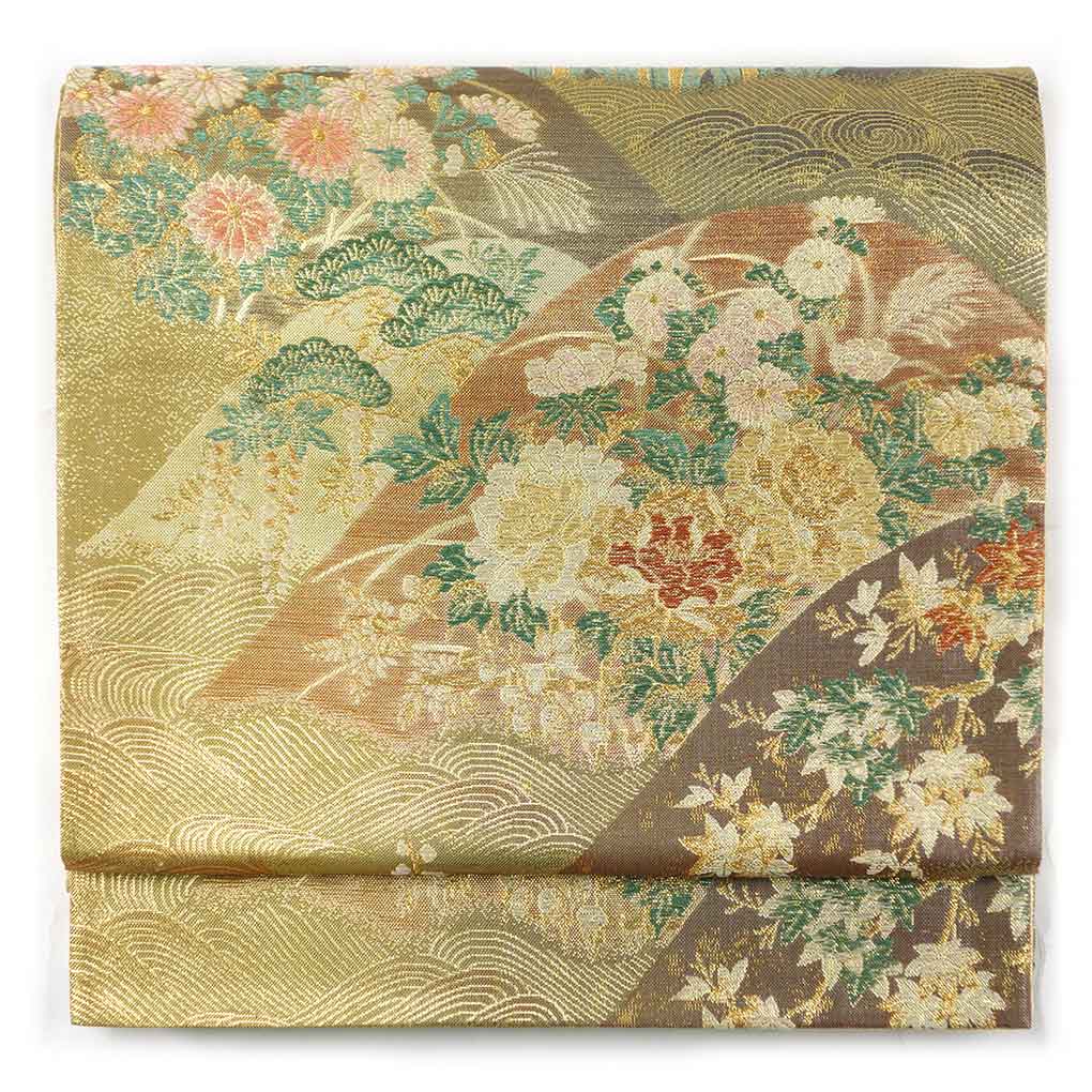 【中古】袋帯 リサイクル帯 幅31cm 長さ431cm レディース 花柄 秋冬春用 正絹（シルク）ゴールド 美品 リメイク リユース