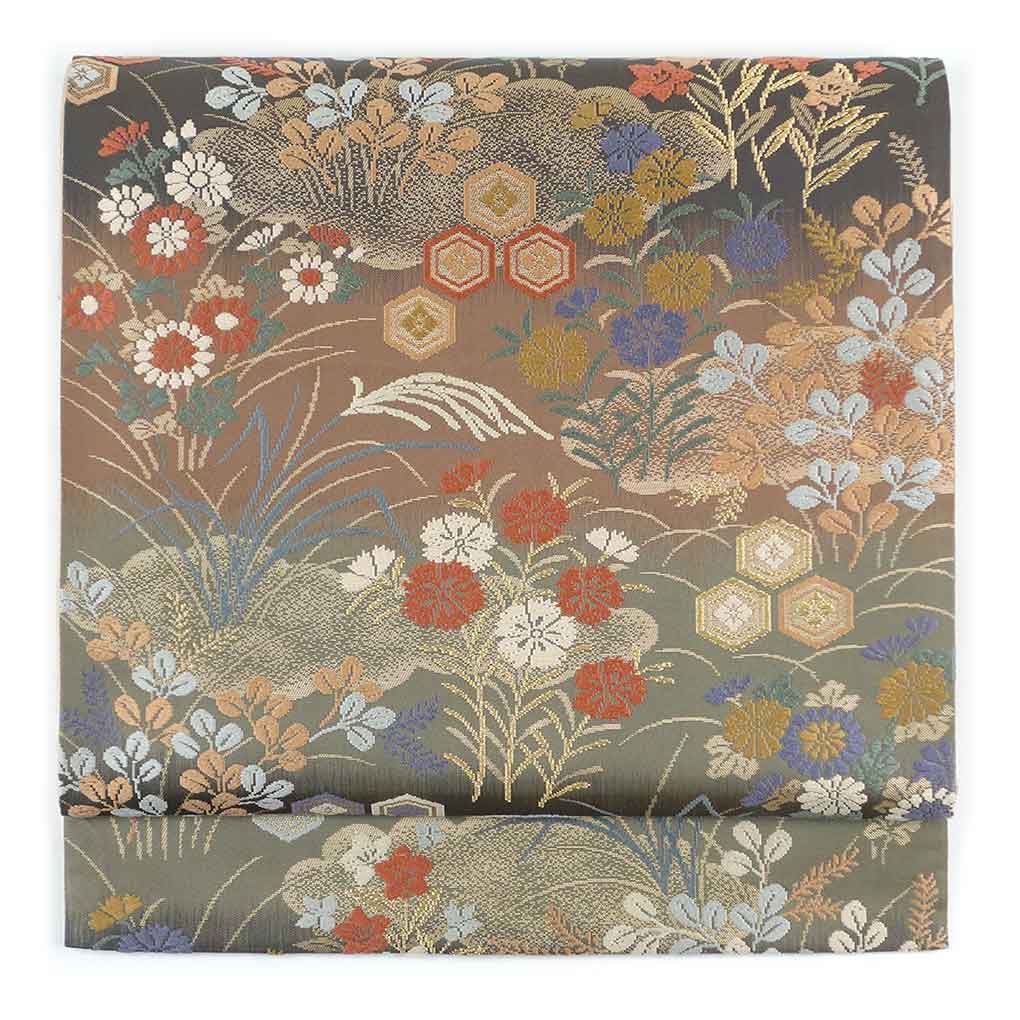【中古】袋帯 リサイクル着物 幅31cm 長さ425cm レディース 花柄 秋冬春用 正絹（シルク）緑地 美品 リメイク リユース