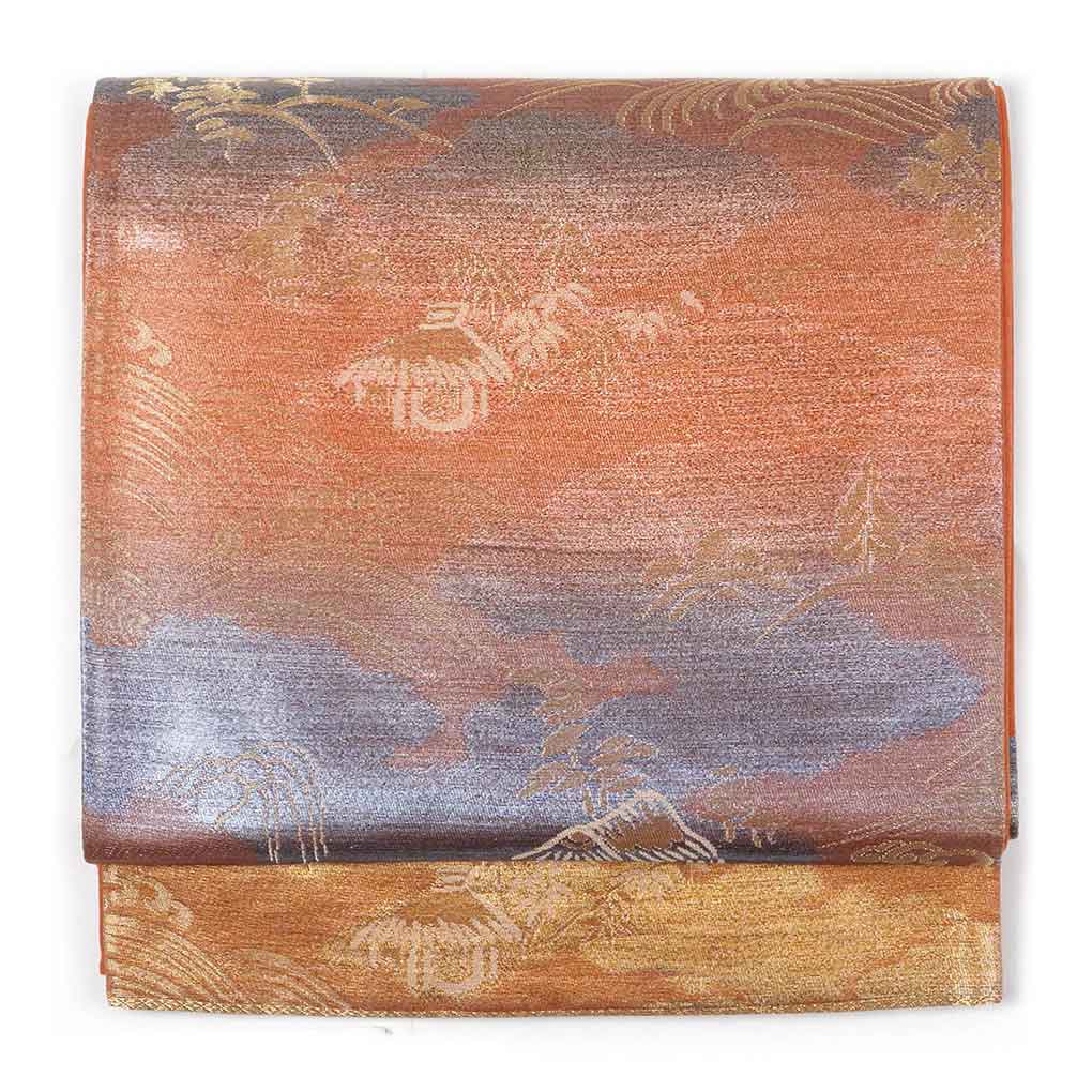 【中古】京袋帯 リサイクル着物 幅30cm 長さ405cm レディース 風景画 秋冬春用 正絹（シルク）茶色 美品 リメイク リユース｜リサイクル着物 呉服のきくや
