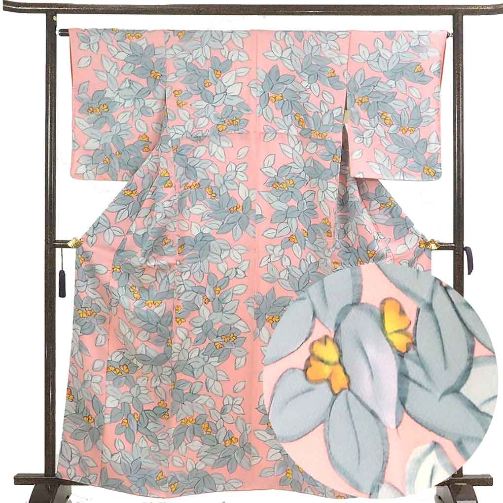 【中古】小紋 リサイクル着物 身丈163cm 裄丈65cm 前幅25cm 後幅29cm 袖丈52cm 袖幅33cm レディース 袷 花柄 裄Mサイズ 秋冬春用 正絹（シルク）ピンク 未使用品 リメイク リユース