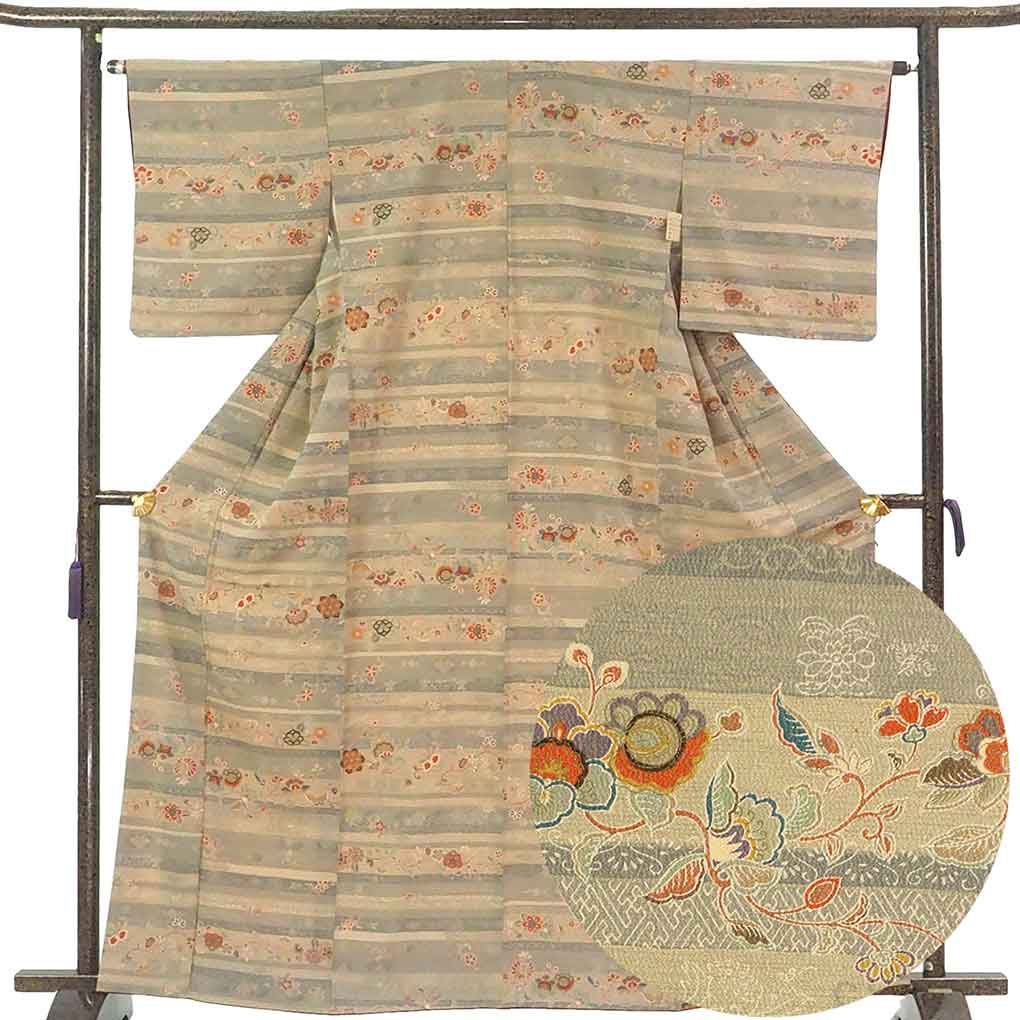 【中古】小紋 リサイクル着物 身丈164cm 裄64cm 前幅24cm 後幅29.5cm 袖丈49cm 袖幅32.5cm レディース 袷 横段柄 裄Mサイズ 秋冬春用 ポリエステル ブラウン トールサイズ 美品 東レシルック リメイク リユース