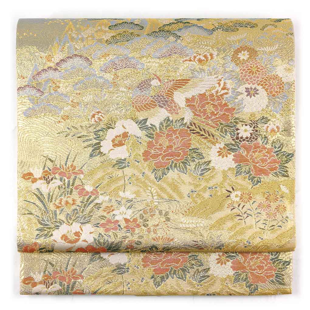【中古】袋帯 リサイクル帯 幅30.5cm 長さ430cm レディース 花柄 秋冬春用 正絹（シルク）ゴールド 美品 リメイク リユース - 商品メイン画像