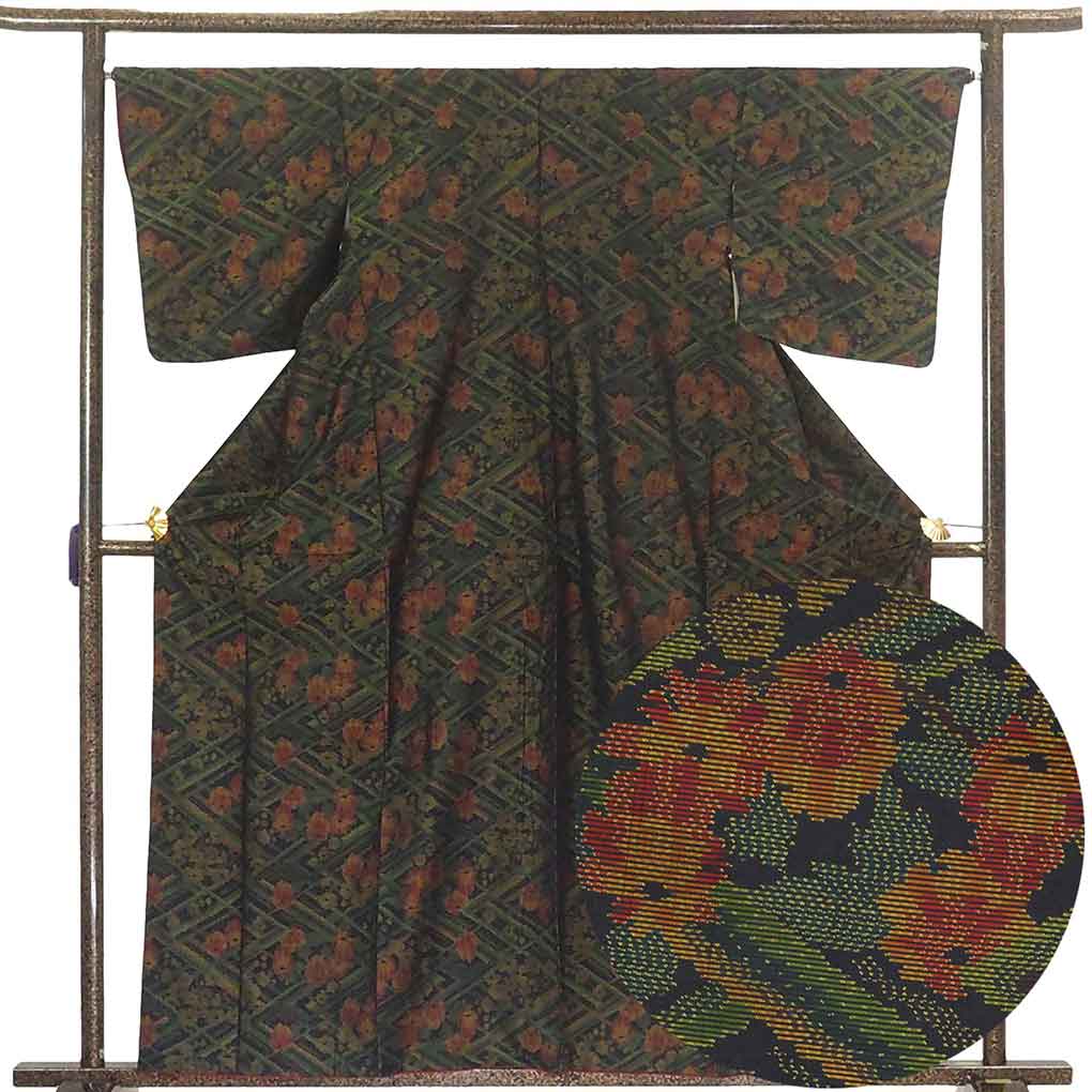 【中古】紬 リサイクル着物 身丈162cm 裄66cm 前幅23cm 後幅30cm 袖丈49cm 正絹（シルク） レディース 袷仕立 秋冬春用 黒地 裄Mサイズ 美品 リユース