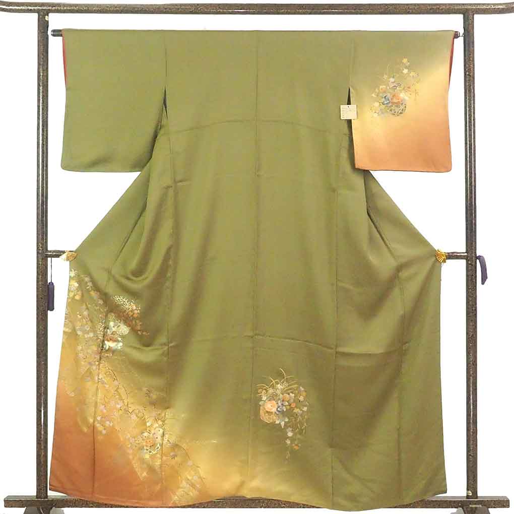 【中古】訪問着 リサイクル着物 身丈160cm 裄丈64cm 前幅23cm 後幅29cm 袖丈48cm 袖幅33cm レディース 袷 金彩 裄Mサイズ 秋冬春用 正絹（シルク）グリーン 美品 リメイク リユース