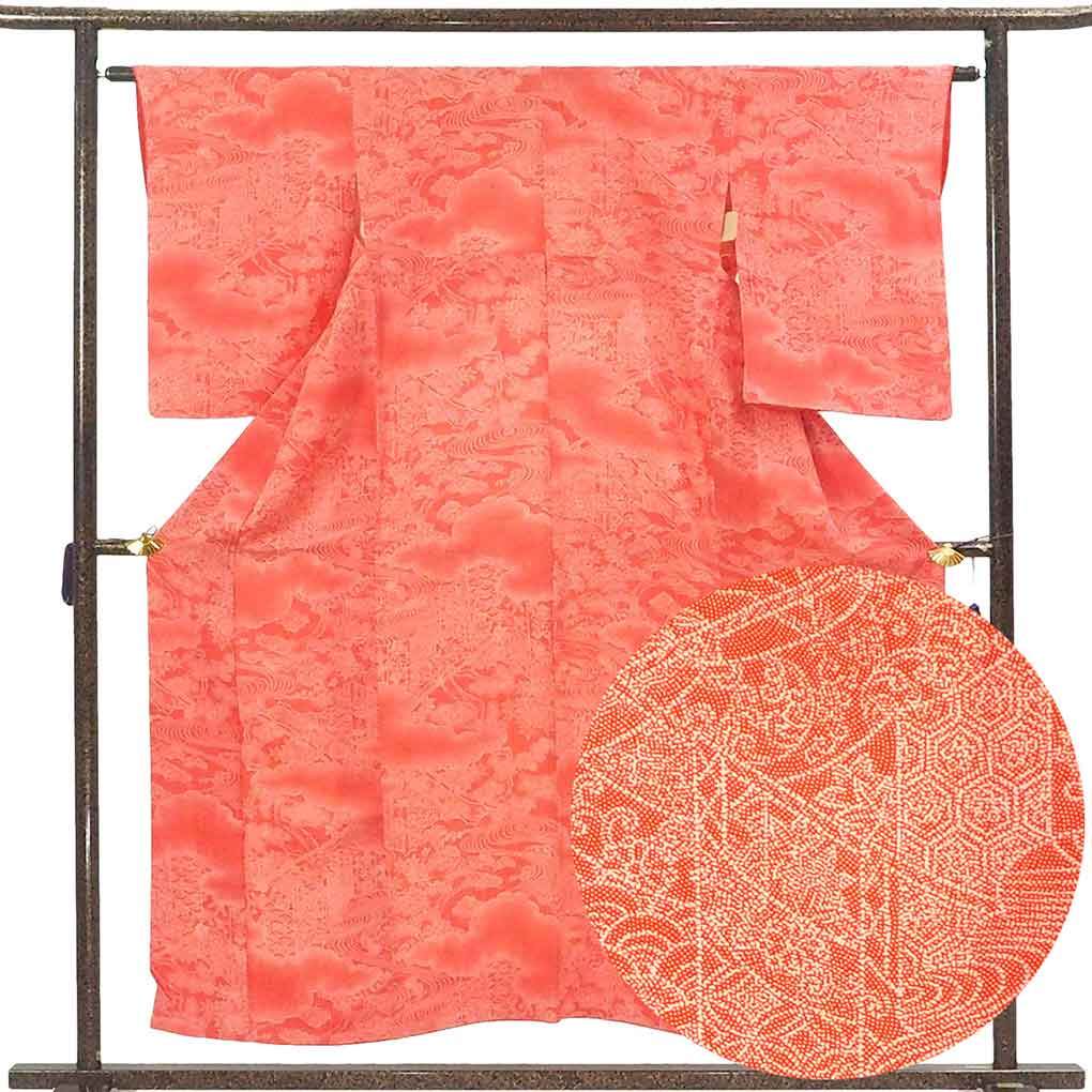【中古】小紋 リサイクル着物 身丈154cm 裄丈63cm 前幅22.5cm 後幅28cm 袖丈55cm 袖幅32cm レディース 袷 江戸小紋 裄Mサイズ 秋冬春用 正絹（シルク）オレンジ 美品 リメイク リユース