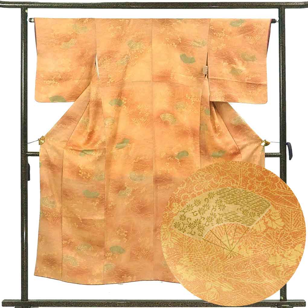 【中古】小紋 リサイクル着物 身丈148cm 裄丈63cm 前幅24cm 後幅28cm 袖丈47cm 袖幅32.5cm レディース 袷 扇面 裄Mサイズ 秋冬春用 正絹(シルク)ブラウン やや難 リメイク リユース
