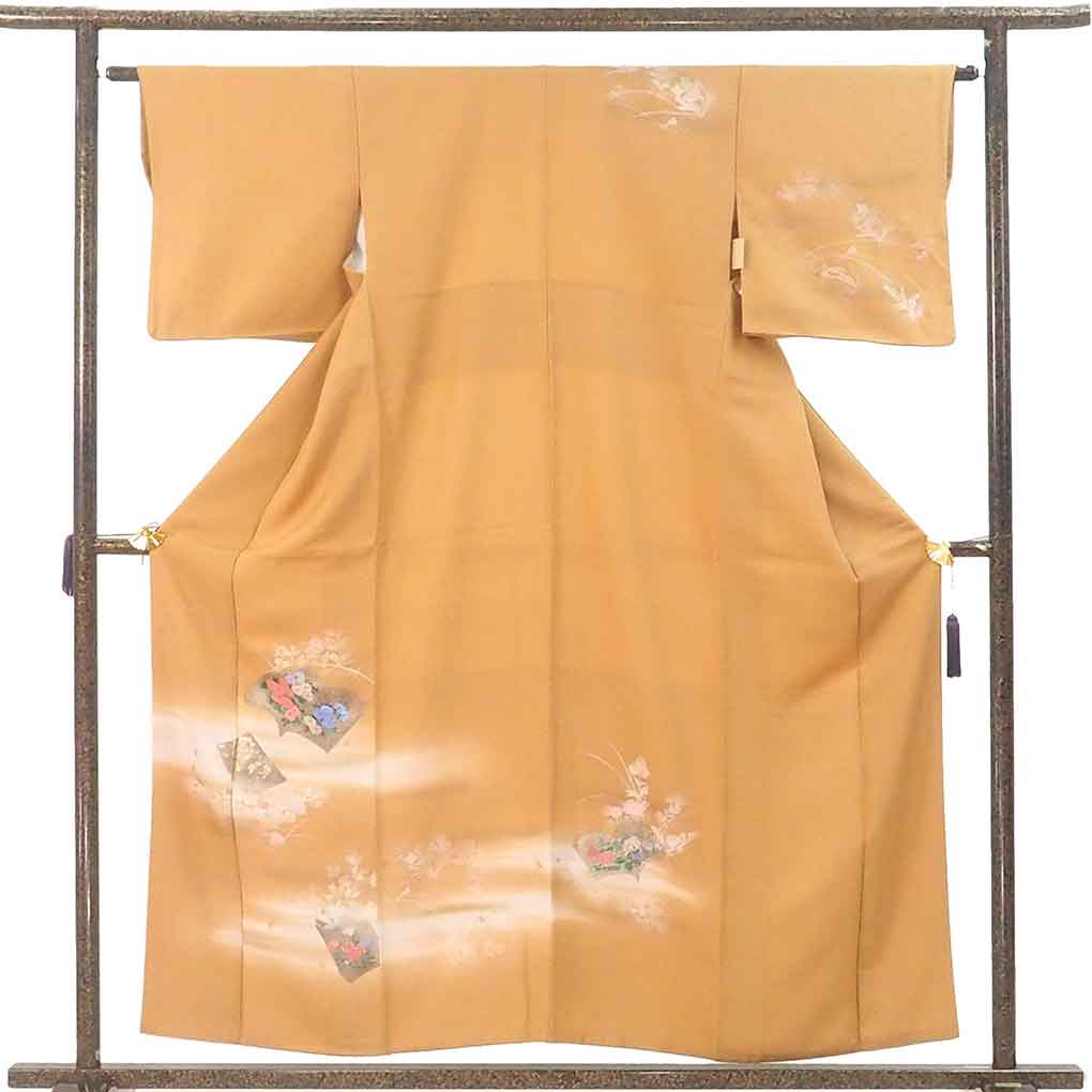 【中古】訪問着 リサイクル着物 身丈157cm 裄63cm 前幅23cm 後幅28.5cm 袖丈45cm 袖幅32.5cm レディース 袷 金彩 裄Mサイズ 秋冬春用 正絹(シルク)ブラウン 美品 リメイク リユース|リサイクル着物 呉服のきくや
