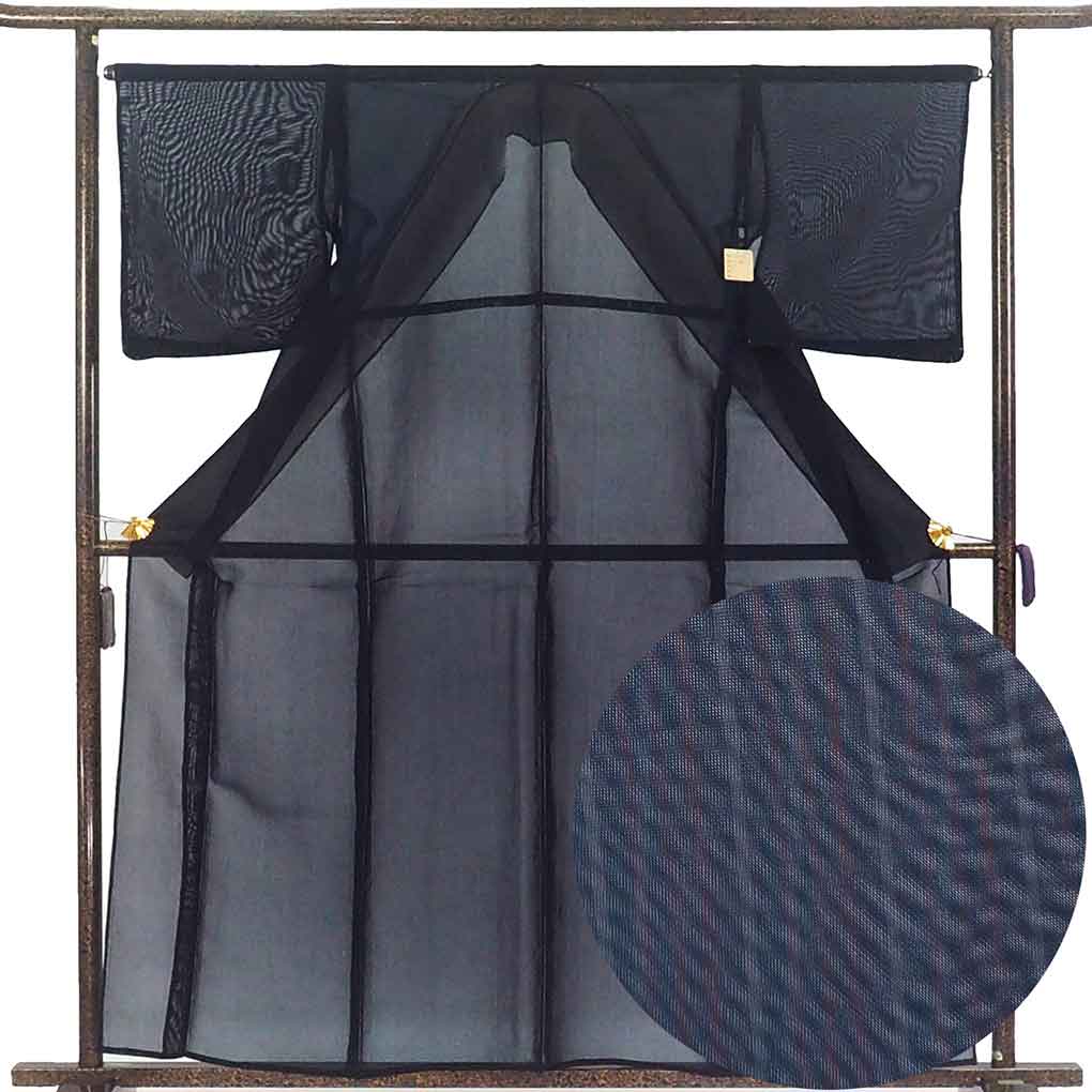 【中古】小紋 リサイクル着物 身丈160cm 裄66cm 前幅28cm 後幅33cm 袖丈47cm 袖幅34cm レディース 縞 裄長 裄M-Lサイズ 夏用 正絹(シルク)ネイビー 未使用品 リメイク リユース