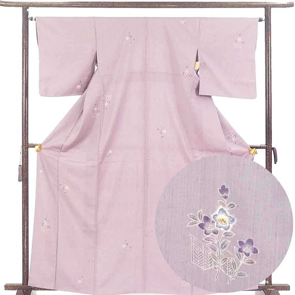 【中古】小紋 リサイクル着物 身丈164cm 裄64cm 前幅23cm 後幅28.5cm 袖丈48cm 袖幅33cm レディース 袷 桔梗 裄Mサイズ 秋冬春用 正絹（シルク）パープル トールサイズ やや難 リメイク リユース