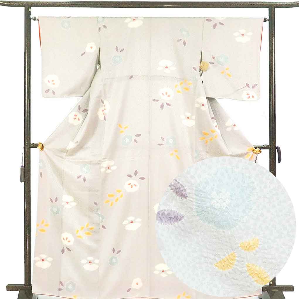 【中古】小紋 リサイクル着物 身丈166cm 裄64cm 前幅23cm 後幅29cm 袖丈49cm 袖幅33cm レディース 袷 花柄 裄Mサイズ 秋冬春用 正絹(シルク)グレー トールサイズ 未使用品 リメイク リユース|リサイクル着物 呉服のきくや