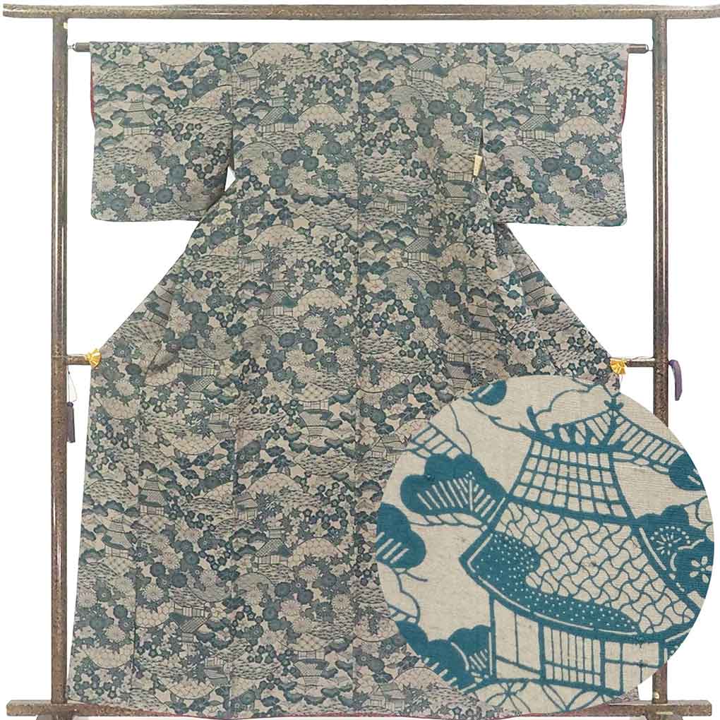 【中古】小紋 リサイクル着物 身丈162cm 裄62cm 前幅23cm 後幅29cm 袖丈45cm 袖幅32.5cm レディース 袷 花柄 裄Sサイズ 秋冬春用 正絹（シルク）グレー 美品 リメイク リユース