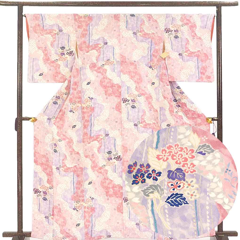 【中古】小紋 リサイクル着物 身丈164cm 裄66cm 前幅23cm 後幅28cm 袖丈50cm 袖幅33cm レディース 袷 花柄 裄長 裄M-Lサイズ 秋冬春用 正絹（シルク）ピンク トールサイズ 未使用品 リメイク リユース
