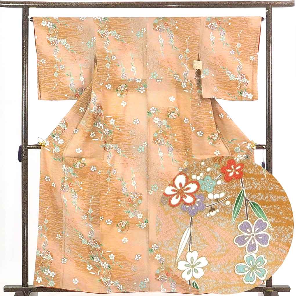 【中古】小紋 リサイクル着物 身丈163cm 裄65cm 前幅23.5cm 後幅28.5cm 袖丈49cm 正絹（シルク） レディース 袷仕立 秋冬春用 茶色 裄Mサイズ 美品 リユース