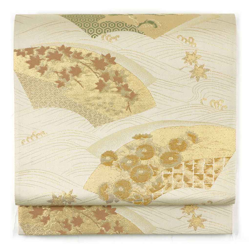 【中古】袋帯 リサイクル帯 幅31cm 長さ423cm レディース 扇面 秋冬春用 正絹（シルク）ベージュ やや難 リメイク リユース
