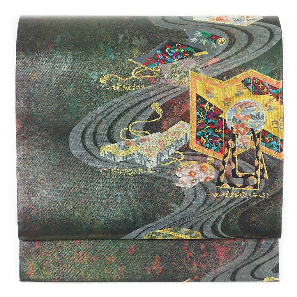 【中古】袋帯 リサイクル帯 幅30.5cm 長さ431cm レディース 流水 秋冬春用 正絹（シルク）ブラック 美品 リメイク リユース