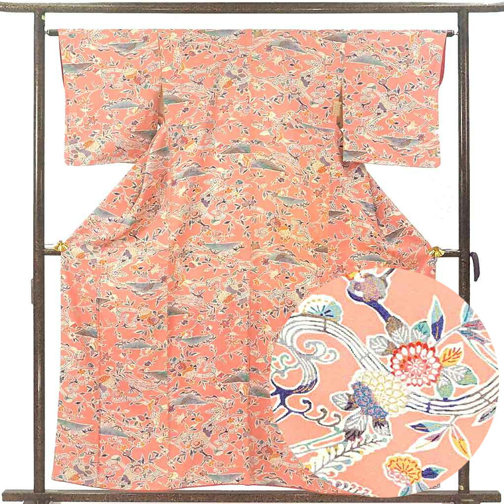 【中古】小紋 リサイクル着物 身丈158cm 裄64cm 前幅24cm 後幅29cm 袖丈48cm 袖幅32cm レディース 袷 花柄 裄Mサイズ 秋冬春用 正絹（シルク）ピンク やや難 リメイク リユース