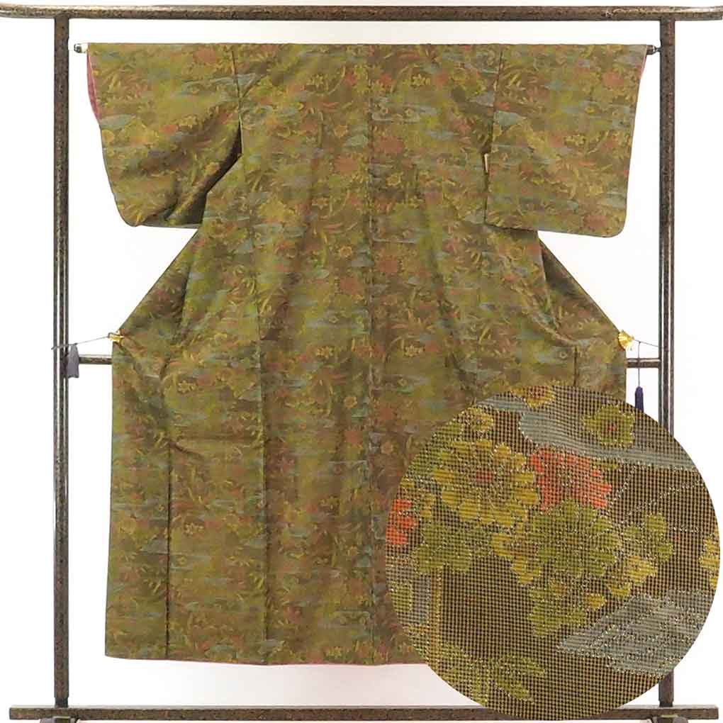 【中古】紬 リサイクル着物 身丈152cm 裄65cm 前幅23cm 後幅30cm 袖丈49cm 正絹（シルク） レディース 袷仕立 秋冬春用 緑地 裄Mサイズ 美品 リユース