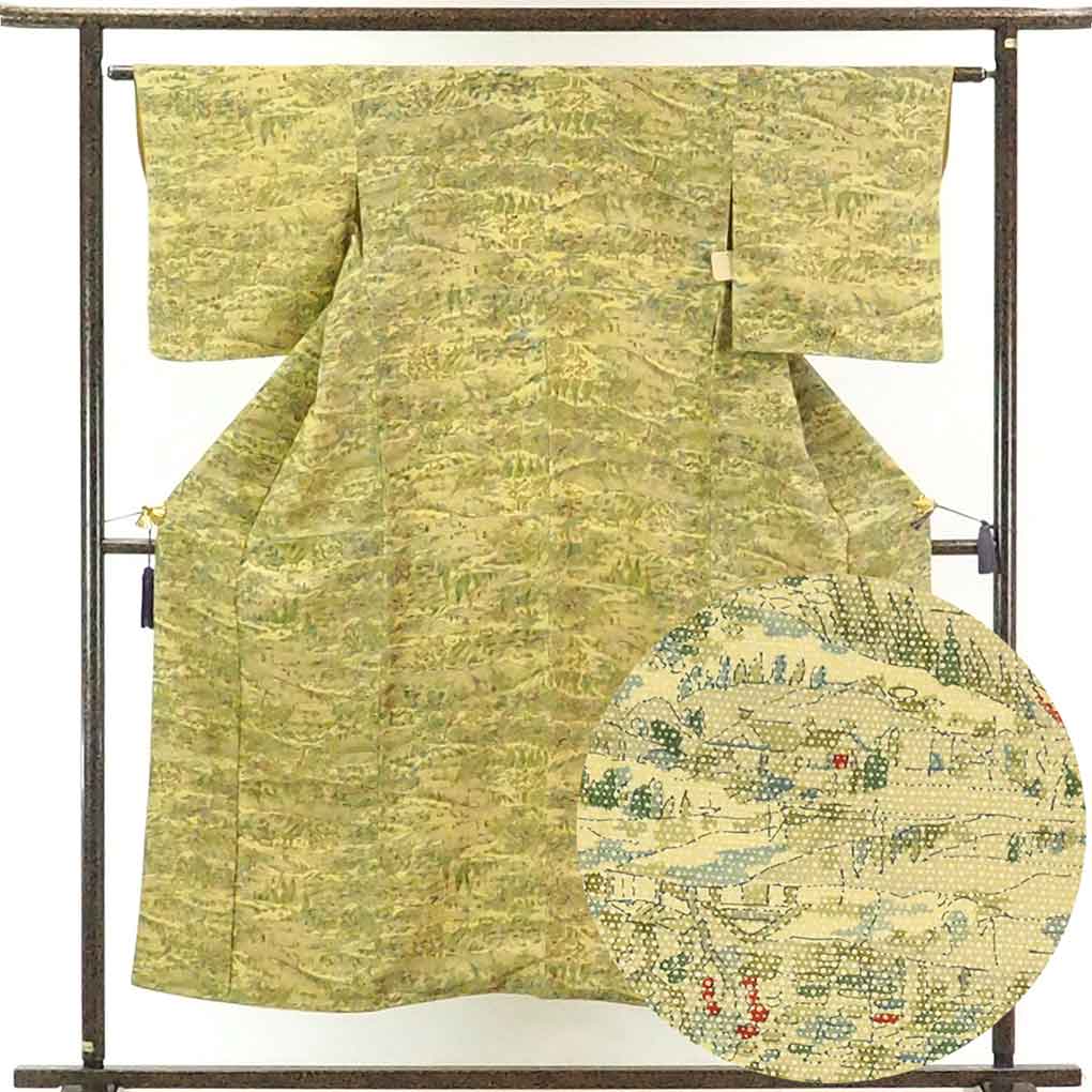 【中古】小紋 リサイクル着物 身丈151cm 裄62cm 前幅22cm 後幅28cm 袖丈47cm 正絹（シルク） レディース 袷仕立 秋冬春用 黄色地 裄Sサイズ 美品 リユース