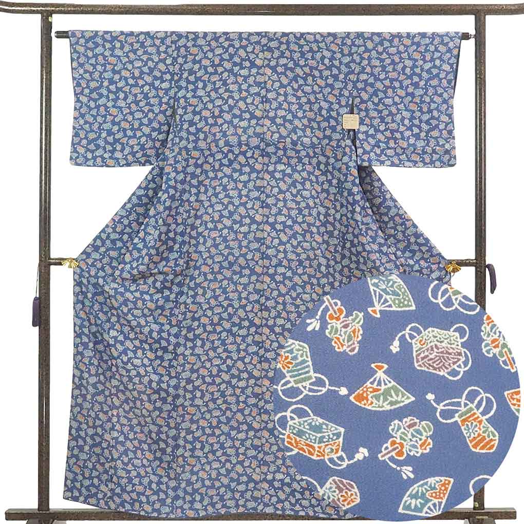 【中古】小紋 リサイクル着物 身丈160cm 裄丈64cm 前幅22.5cm 後幅27cm 袖丈45cm 袖幅33cm レディース 袷 扇面 裄Mサイズ 秋冬春用 正絹（シルク）ブルー 美品 リメイク リユース 5,621円