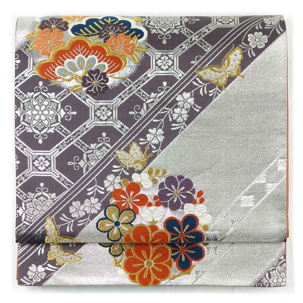 【中古】袋帯 リサイクル帯 幅31cm 長さ425cm レディース 花柄 秋冬春用 正絹(シルク)シルバー 美品 リメイク リユース