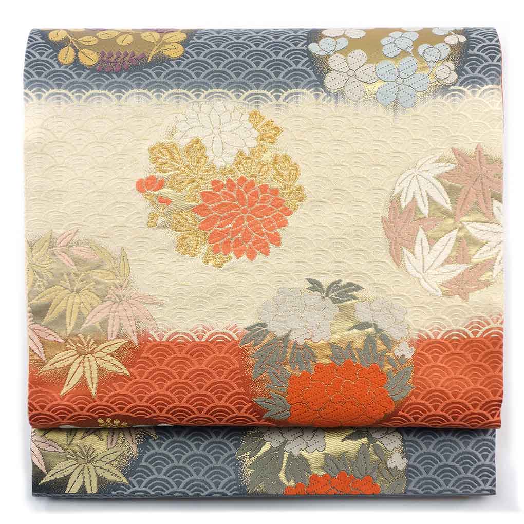 【中古】袋帯 リサイクル帯 幅30.5cm 長さ437cm レディース 花丸紋 秋冬春用 正絹（シルク）ネイビー 美品 リメイク リユース