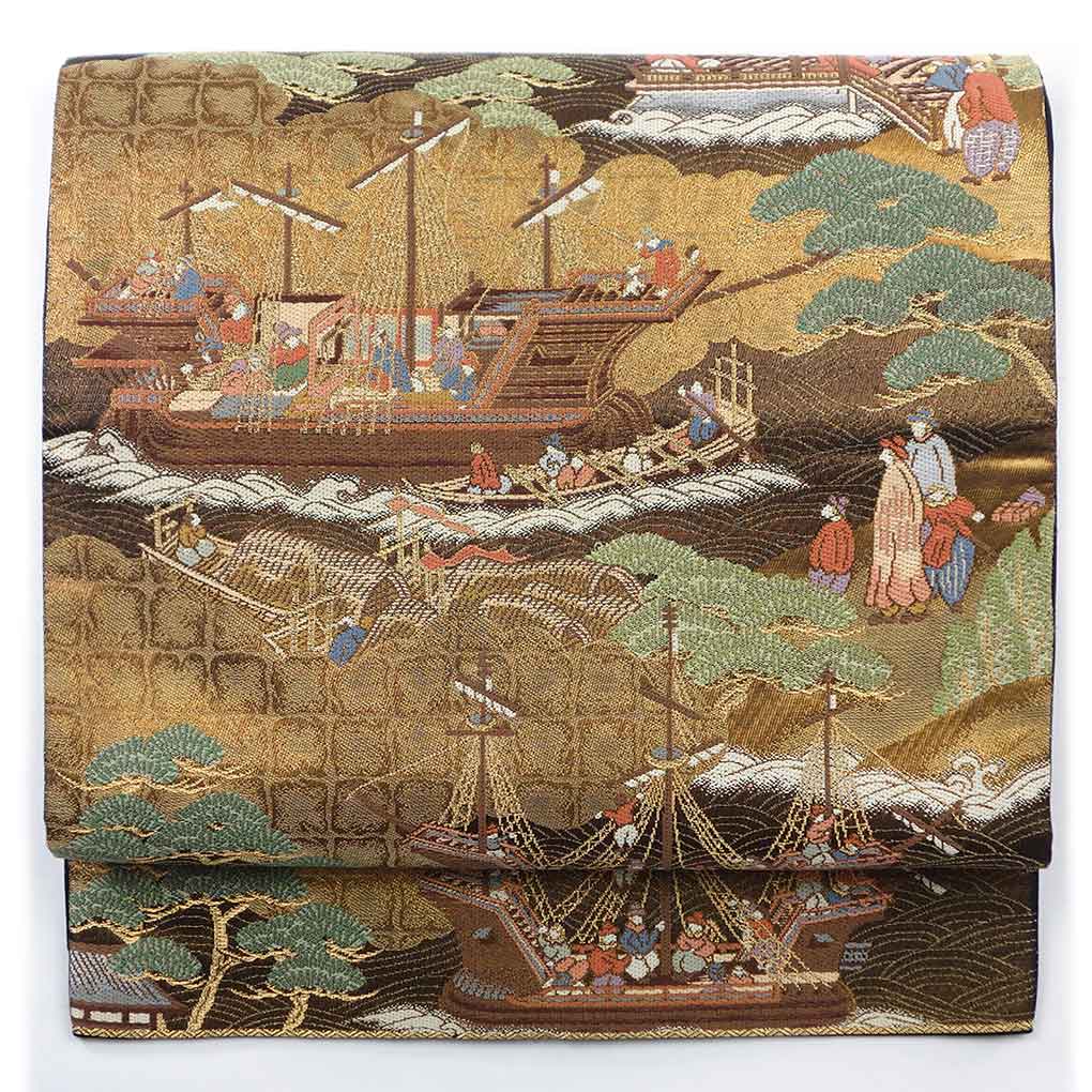 【中古】袋帯 リサイクル帯 幅31cm 長さ433cm レディース 南蛮船 秋冬春用 正絹（シルク）ブラウン 美品 リメイク リユース