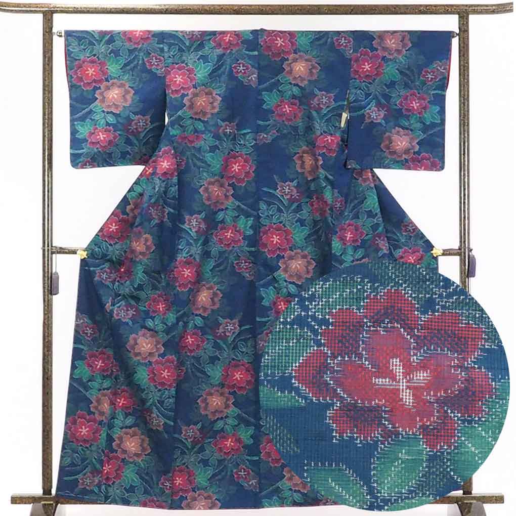 【中古】紬 リサイクル着物 身丈165cm 裄65cm 前幅23.5cm 後幅30cm 袖丈48cm 正絹（シルク） レディース 袷仕立 秋冬春用 紺地 裄Mサイズ トールサイズ 未使用品 リユース