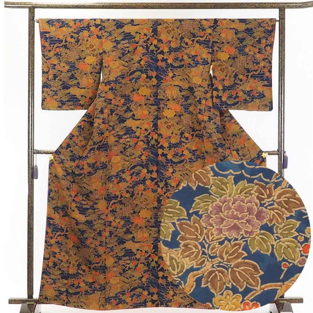 【中古】小紋 リサイクル着物 身丈165cm 裄66cm 前幅22.5cm 後幅30cm 袖丈52cm 正絹(シルク) レディース 袷仕立 秋冬春用 紺地 裄Mサイズ トールサイズ 未使用品 リユース|リサイクル着物 呉服のきくや