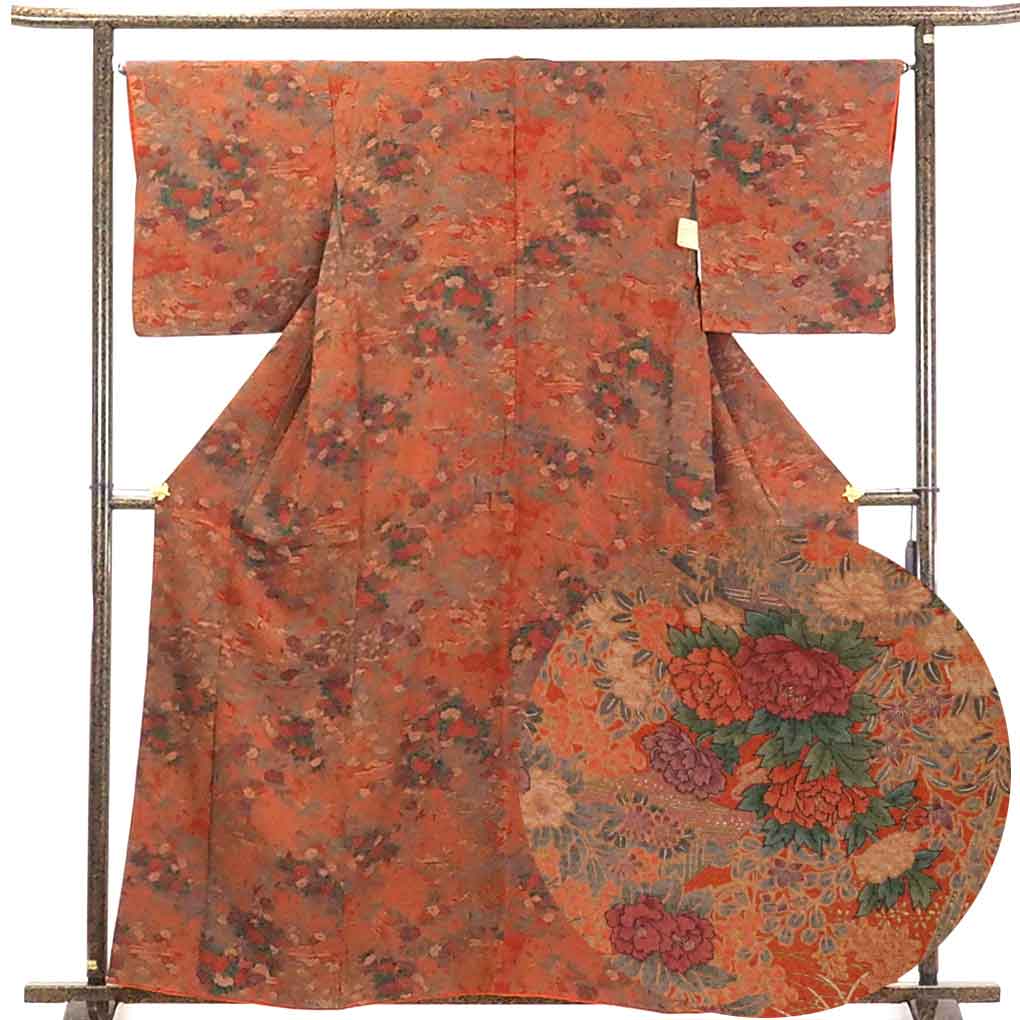 【中古】小紋 リサイクル着物 身丈161cm 裄65cm 前幅24.5cm 後幅30.5cm 袖丈47cm 正絹（シルク） レディース 袷仕立 秋冬春用 茶色 裄Mサイズ トールサイズ 美品 リユース 9,438円