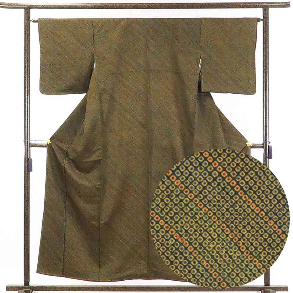 【中古】小紋 リサイクル着物 身丈158cm 裄65cm 前幅22cm 後幅29.5cm 袖丈46cm 正絹（シルク） レディース 袷仕立 秋冬春用 緑地 裄Mサイズ 未使用品 リユース