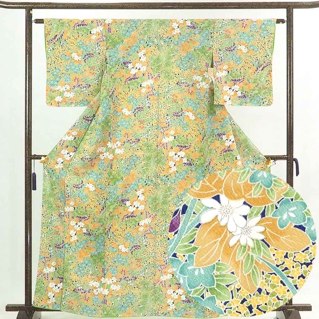【中古】小紋 リサイクル着物 身丈163cm 裄61cm 前幅23.5cm 後幅28cm 袖丈48cm 正絹（シルク） レディース 袷仕立 秋冬春用 緑地 裄Sサイズ 未使用品 リユース