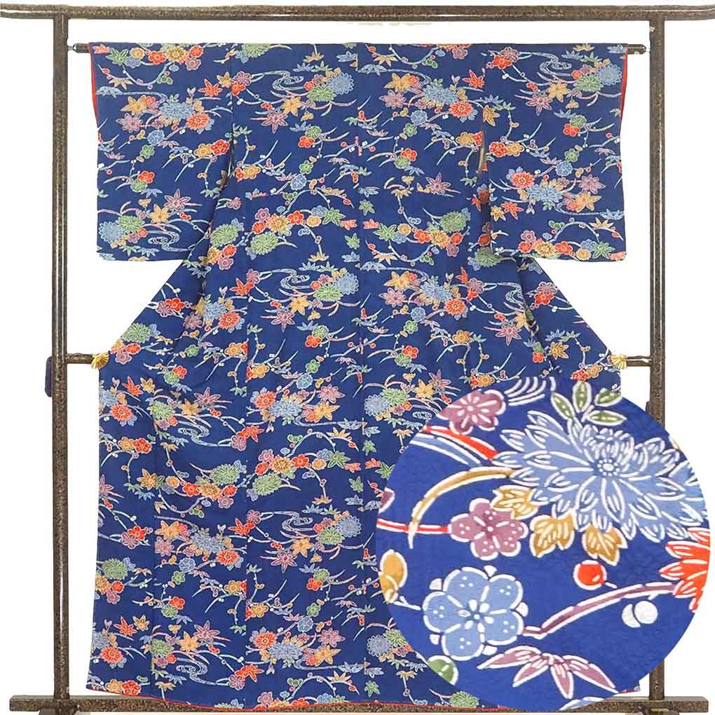 【中古】小紋 リサイクル着物 身丈160cm 裄62cm 前幅23cm 後幅28cm 袖丈52cm 正絹（シルク） レディース 袷仕立 秋冬春用 紺地 裄Sサイズ 未使用品 リユース｜リサイクル着物 呉服のきくや