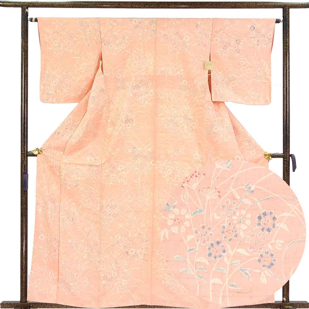 【中古】紬 リサイクル着物 身丈161cm 裄63.5cm 前幅23cm 後幅29cm 袖丈49cm 袖幅32cm レディース 袷 花柄 裄Mサイズ 秋冬春用 正絹(シルク)ピンク 未使用品 リメイク リユース|リサイクル着物 呉服のきくや