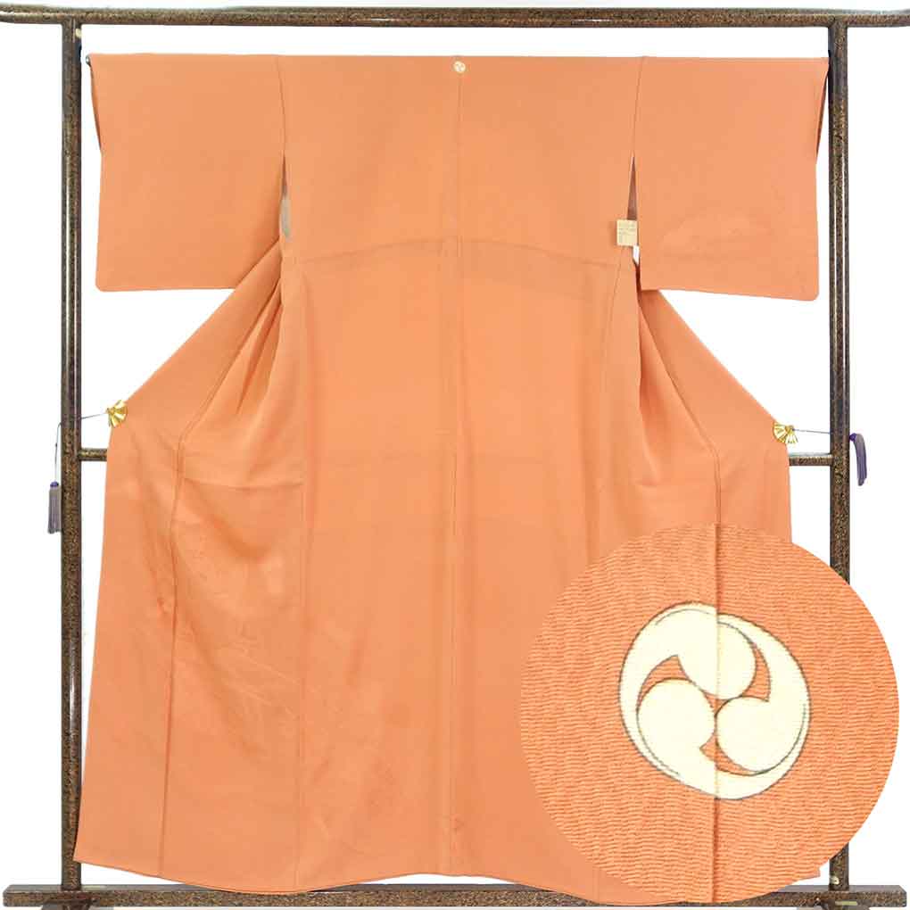 【中古】付下 リサイクル着物 身丈159cm 裄67cm 前幅25.5cm 後幅30.5cm 袖丈45cm 袖幅33.5cm レディース 袷 御所車 裄長 裄Lサイズ 秋冬春用 正絹(シルク)オレンジ 美品 リメイク リユース|リサイクル着物 呉服のきくや