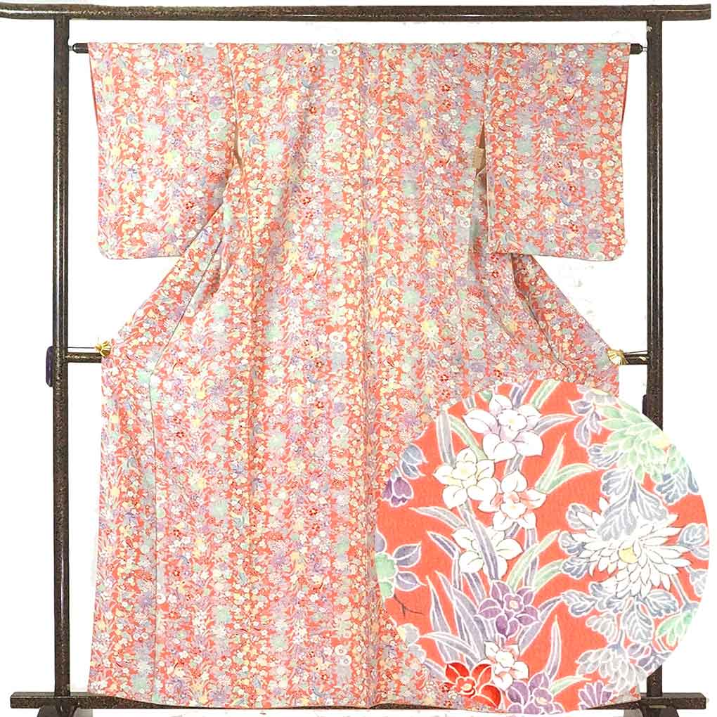 【中古】小紋 リサイクル着物 身丈162cm 裄64cm 前幅23cm 後幅29cm 袖丈53cm 正絹（シルク） レディース 袷仕立 秋冬春用 ピンク地 裄Mサイズ 美品 リユース｜リサイクル着物 呉服のきくや